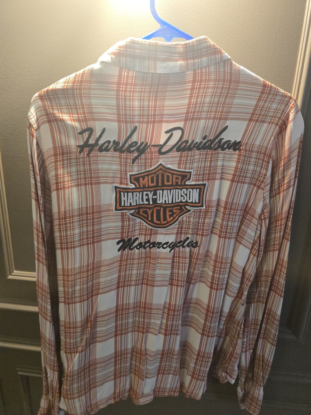 Ladies Harley-Davidson White and Orange Plaid Button-Down Shirt